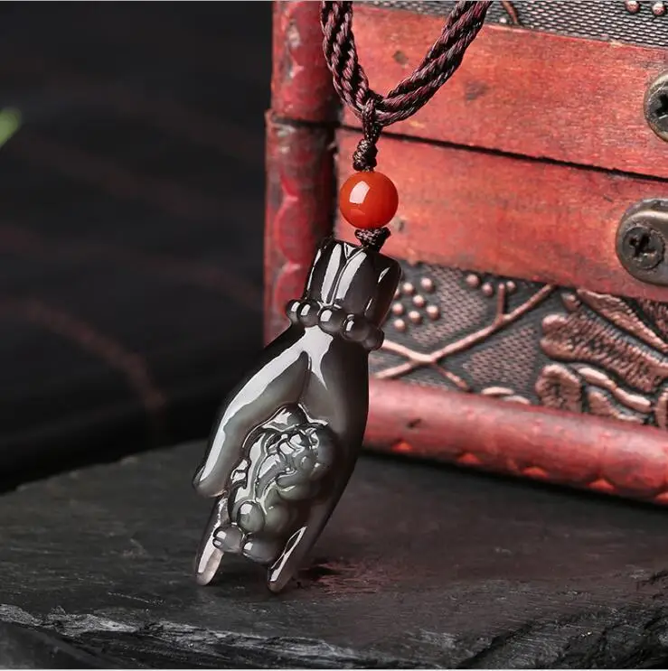 

China Natural Ice Color Obsidian jade hand and Pi Xiu Pendant Necklace Amulet