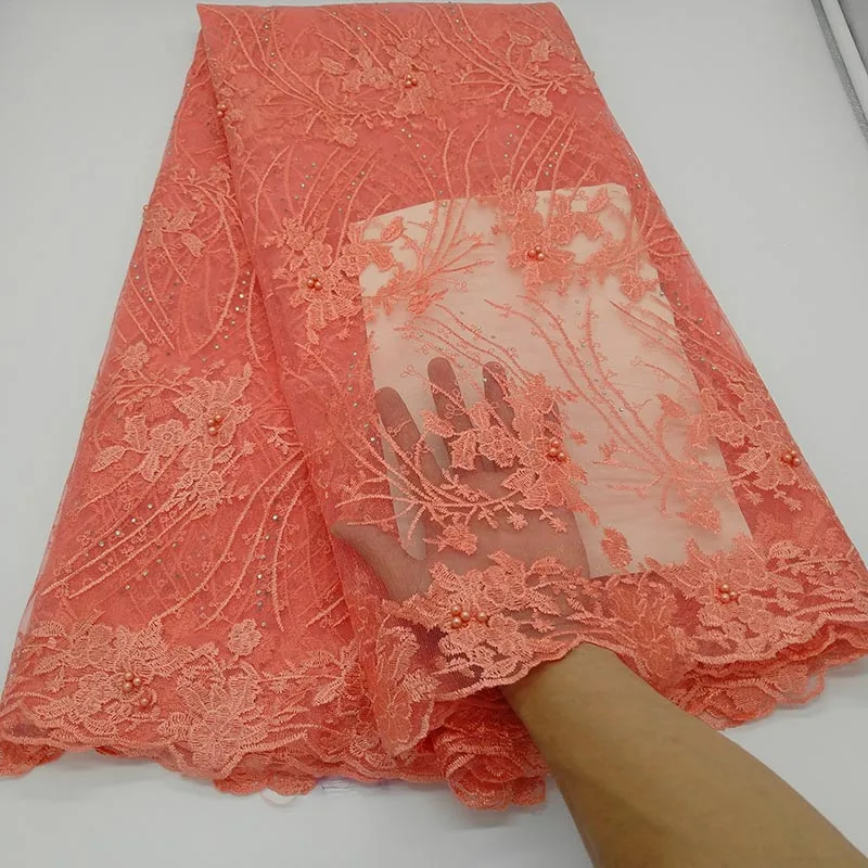 

Peach Color High Quality 2019 African French Tulle Lace Fabric Embroidered Nigerian Lace Fabric Guipure Cord Lace With Stones