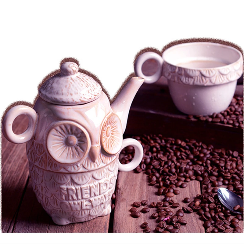 

European Style Hand-painted Coffee Set Ceramic Owl Design Tea Set Pot And Mug Embossed Animal Milk Mug Novelty Cute Gift 1 Set