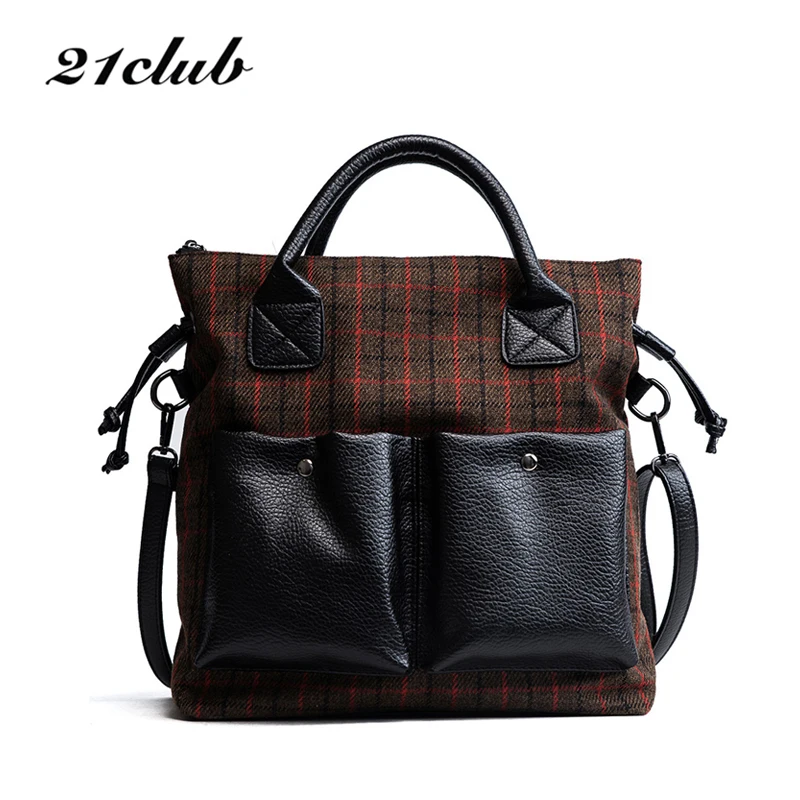 

21club brand medium large capacity retro wool plaid ladies totes work shopping travel purse women messenger crossbody handbags
