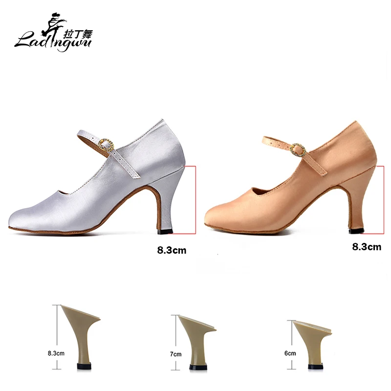 Tanie Ladingwu darmowa wysyłka biały Apricot łacińskie buty do tańca kobiet satynowa kolokacja klamra z kryształkami zamknięte Toe buty do tańca towarzyskiego