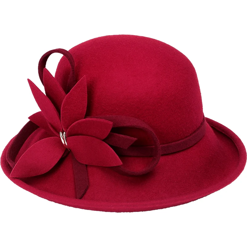 Wool Boater Flat Top Hat For Women's Felt Wide Brim Fedora Hat Laday