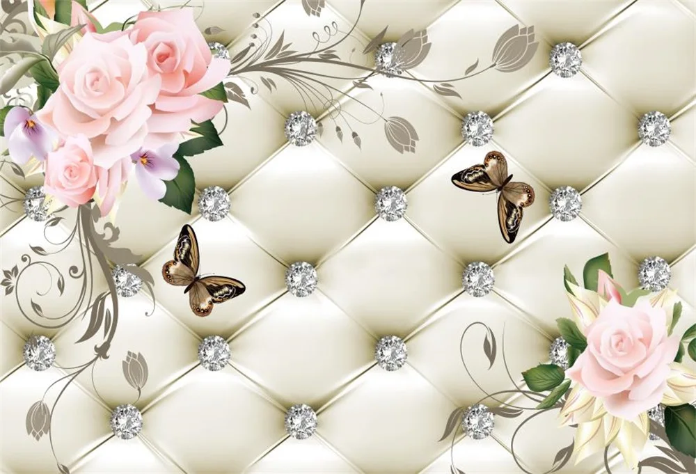 Laeacco Floral Headboard Bed Diamond Pattern Flowers Butterfly Scene Photographic Backgrounds Photography Photo Backdrops Studio