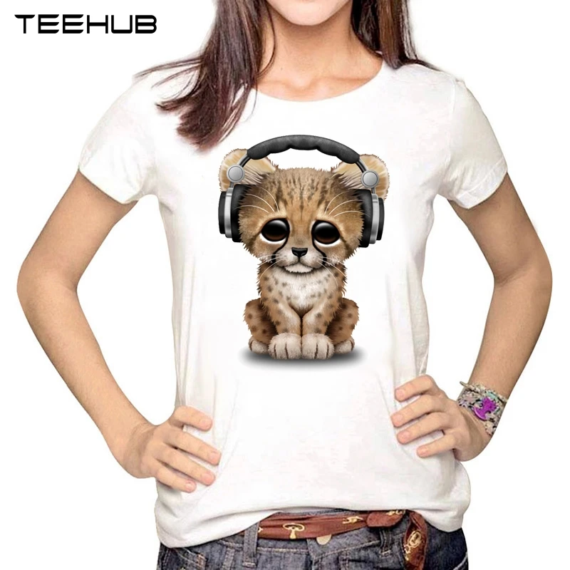 

TEEHUB 2019 New Women Fashion Music DJ Cute Cheetah Design T-Shirt Casual Short Sleeve Tee Novelty Tops