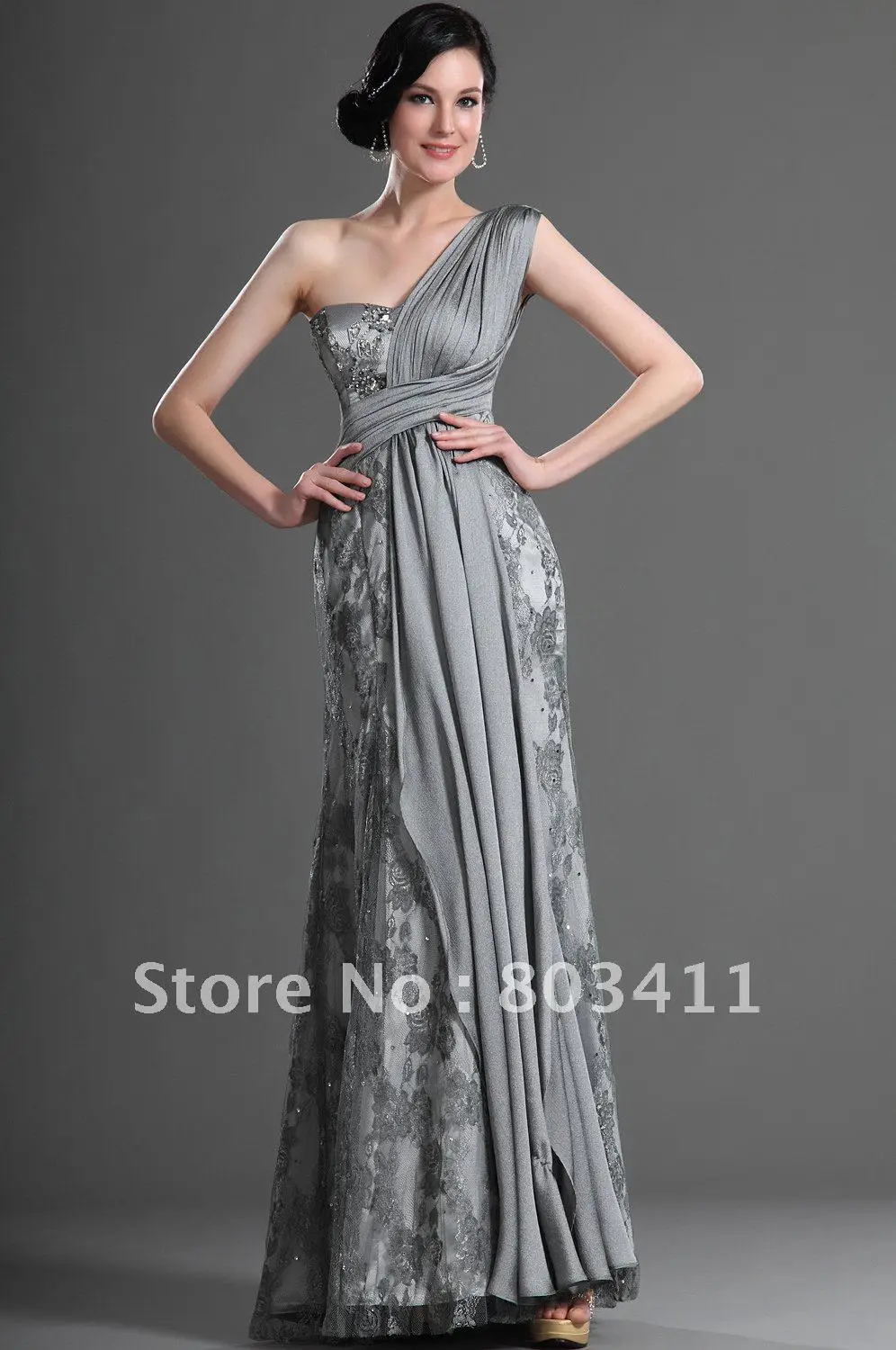 

Free Shipping Long Evening Gown New Arrival Fabulous Gray One Shoulder Floor-Length Formal Evening Dress