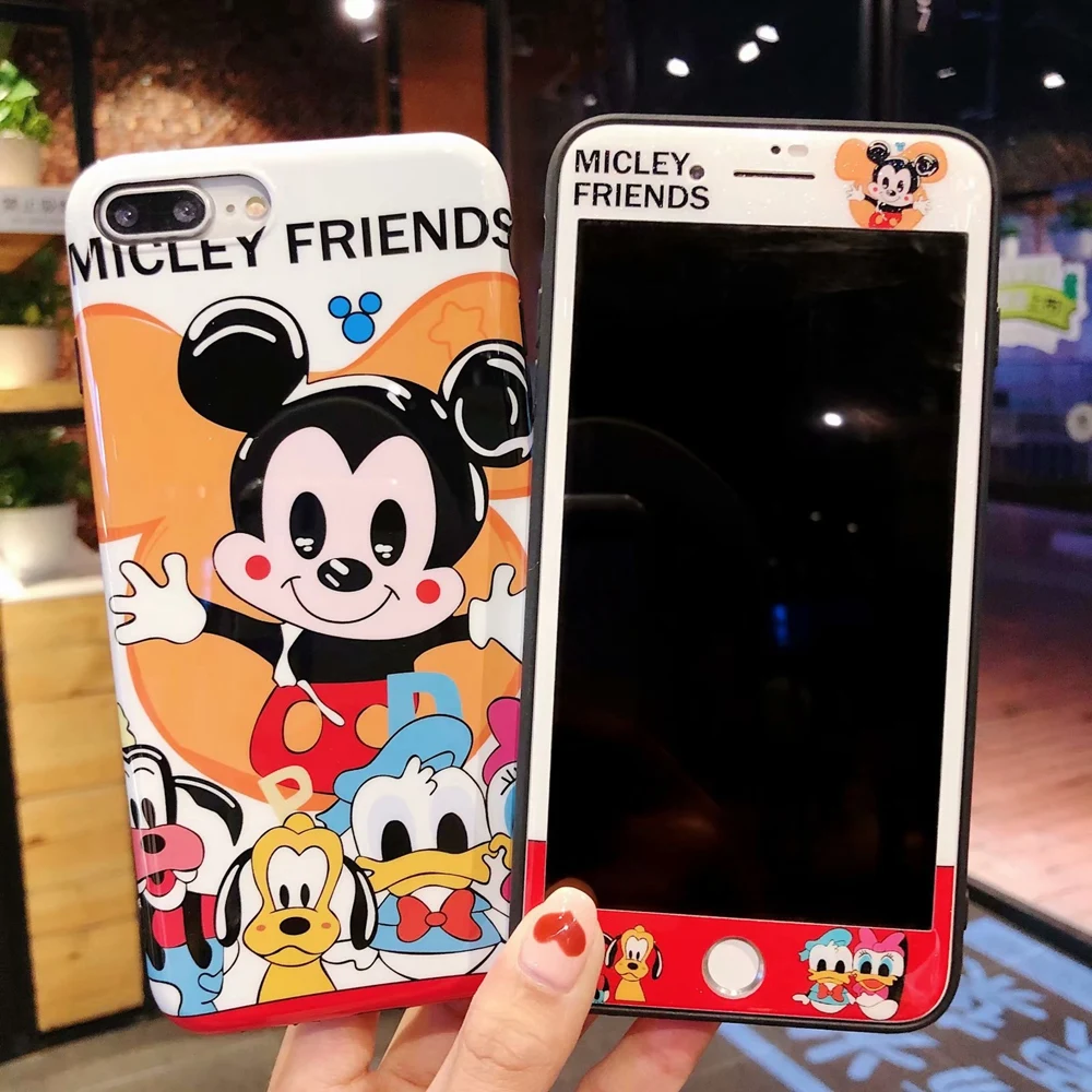 

360 Full Cover Phone Case + Glass for IPhone X XR XS Max 8 7 6 6S Plus Iphone6 Iphone7 Iphone8 Coque Mickey Cartoon Case Cover