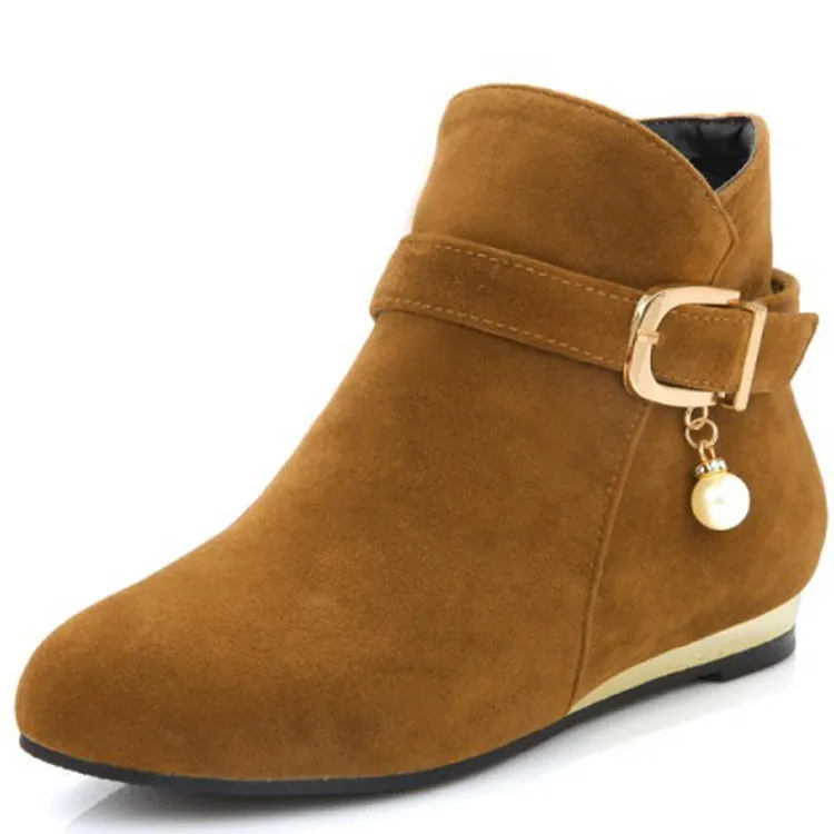 

Plus Size Autumn Women Ankle Boots Beading Wedges Shoe for Ladies Flock Short Boot Fashion Buckle Strap Zip Casual Shoes
