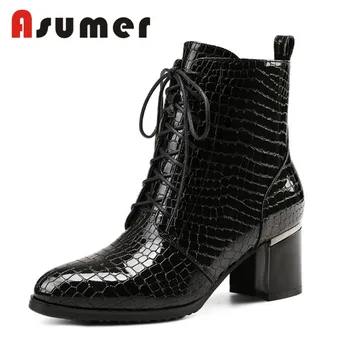 

ASUMER FASHION 2020 thick heels genuien leather boots pointed toe solid ankle boots for women classic cross tied winter boots