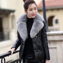 Кожаные Замшевые женские зимние пуховики из натуральной овечьей кожи с воротником из натурального Лисьего меха Новинка Феникс 1124F