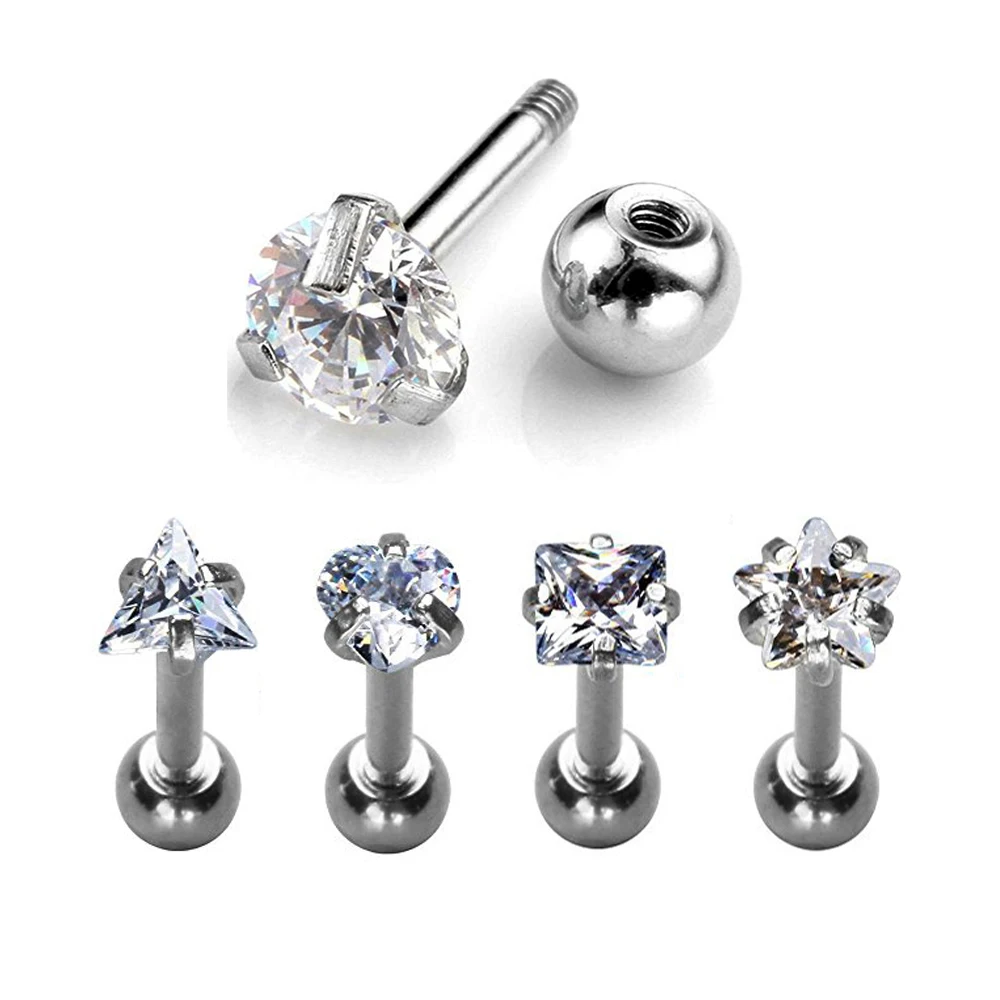 

5pcs Ear Helix Cartilage Studs Tragus Barbell Earring Piercing Mixed Triangle Heart Star Cubic Zircon Shape Labret Body Jewelry