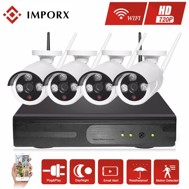 IMPORX Wireless CCTV Security System 4CH NVR 1.0MP Wifi IP Camera Outdoor Weatherproof 720P Video Surveillance Kit 1TB 2TB HDD IMPORX Wireless CCTV Security System 4CH NVR 1.0MP Wifi IP Camera Outdoor Weatherproof 720P Video Surveillance Kit 1TB 2TB HDD
