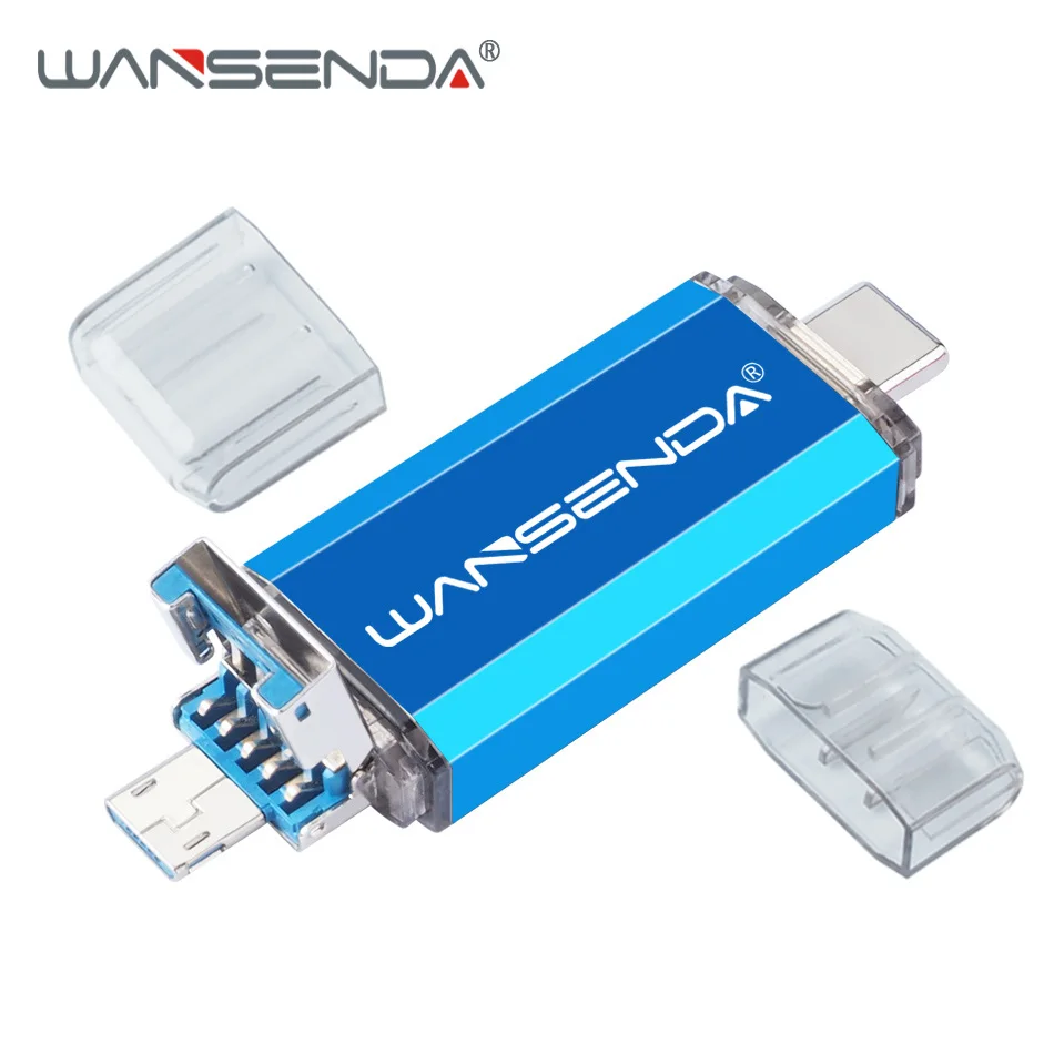 WANSENDA 3 в 1 флеш-накопитель USB 3,0 Тип-C портативный флэш-накопитель 256 ГБ 128 ГБ флэш-накопитель 64 ГБ 32 ГБ оперативной памяти, 16 Гб встроенной памяти, cle usb флеш-накопитель для Android Тип C ПК - Цвет: Синий