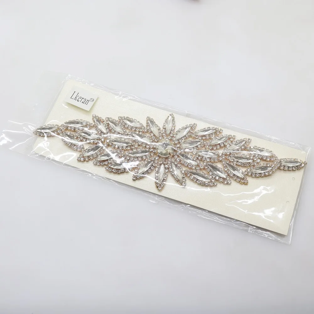 HOT NEW 1PCS 6CM*9.5CM Sewing On Rhinestone Applique for Flower Gold Clear Crystal DIY Wedding Evening Dress decoration Crafts