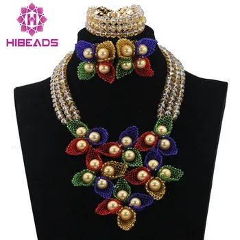 

Wonderful African Jewelry Sets 2017 Rainbow Wedding Bib Statement Necklace Earrings Set Bride Gift Free shipping WD414