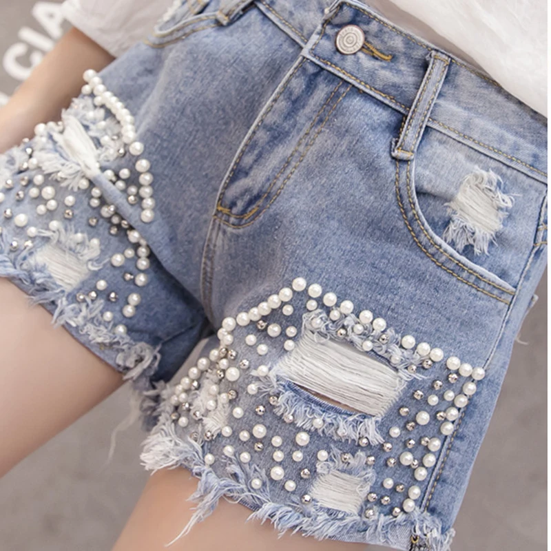 Summer Pearl Ripped Jeans Shorts Women Streetfashion Casual High Waist