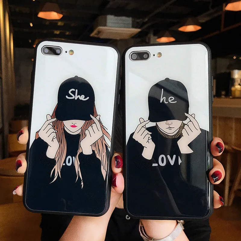 

2019 new mobile phone case for Apple x couple mobile phone case for iphone 6s/7plus/8p all-inclusive anti-fall glass personality