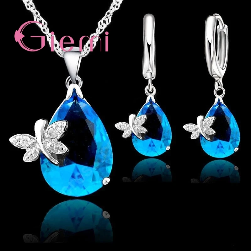 90% Off! Original 925 Sterling Silver Jewelry Set Blue Water Drop Cubic Zirconia CZ Dragonfly Necklace Earring Wedding Accessory