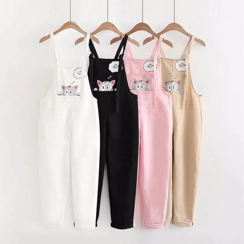 Japan Style Girl Cute Cartoon Cat Printing Embroidered Pink Overalls White Black Khaki Jumpsuits Female Summer Kwaii Overalls Japan Style Girl Cute Cartoon Cat Printing Embroidered Pink Overalls White Black Khaki Jumpsuits Female Summer Kwaii Overalls