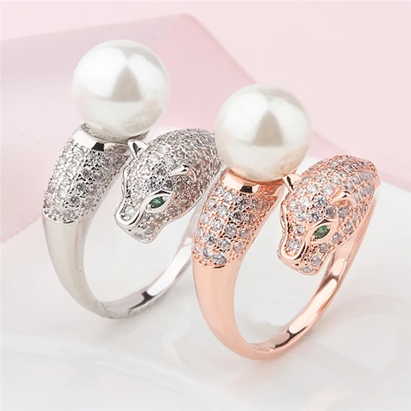 

imixlot Copper Gold Silver Animals Head Rhinestone Simulated Pearl Ring Popular Female Finger Accessories