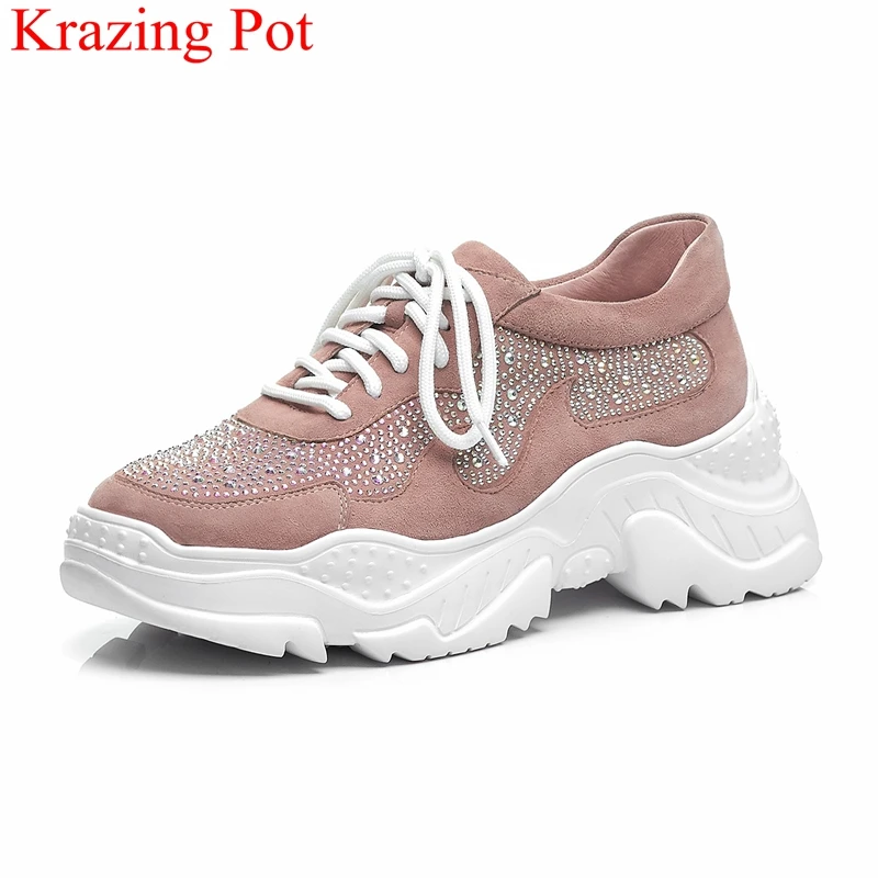 

2019 new superstar genuine leather platform crystal lace up sneaker round toe increasing sweet casual women vulcanized shoes L12