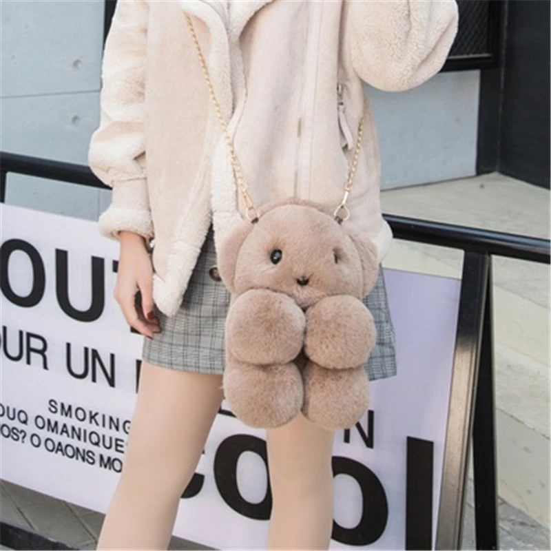 Assez sac модная девочка мультфильм плюшевая сумка женская маленькая сумка медведь Милая Детская меховая сумка Повседневная Студенческая сумка-мессенджер цепь bagCD5083/j