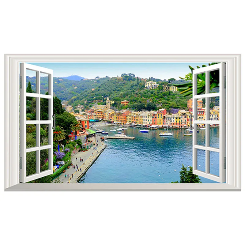 3D поддельные окна lakeside city view Фреска зеленый холм прозрачная вода 3d Виниловые