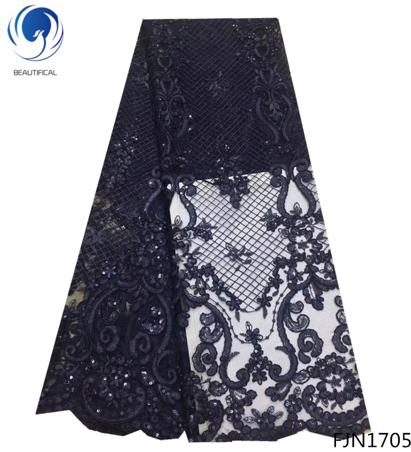

Beautifical bridals dresses materials french net lace with sequins cheap fabric 2018 blue sequin lace fabrics 5yards/lot FJN17