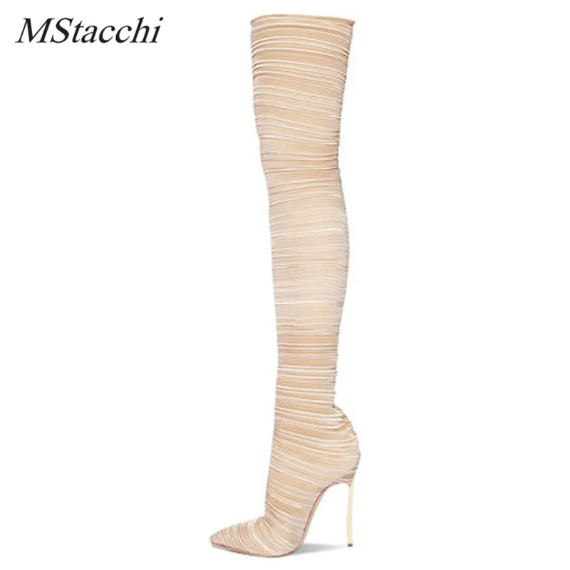 Najtaniej MStacchi kobiety zima jesień Slip On Sexy szpilki Party buty damskie Over The Knee zakolanówki Pointed Toe stalowe buty na obcasie 43