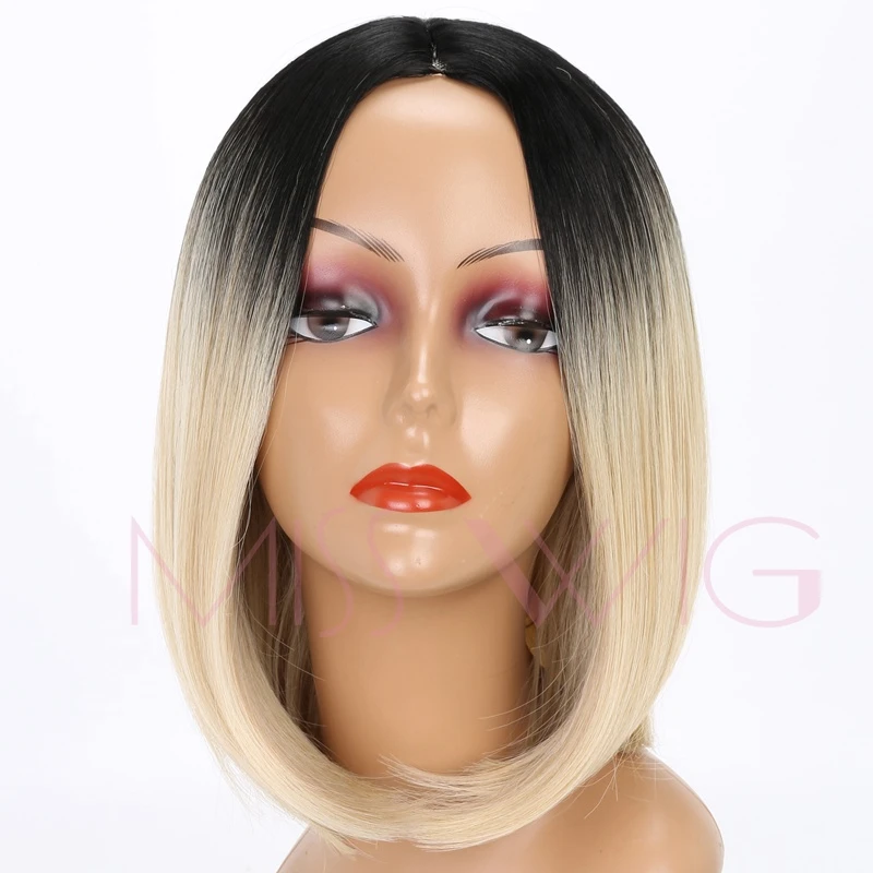 MISS WIG Black Ombre Blonde Gray Synthetic Short Straight Bob Hair Wigs For Black Women-