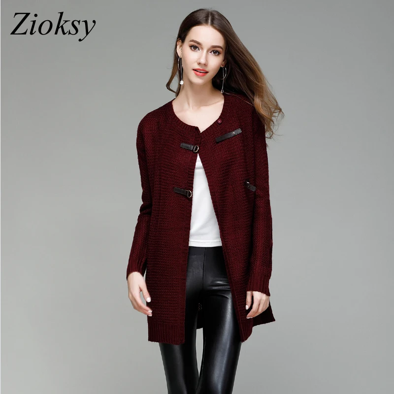 

Zioksy 2017 Casual Long Knitted Cardigan Sweater Coat Autumn Winter Women Solid Color Long Sleeve Leather Button Design Female