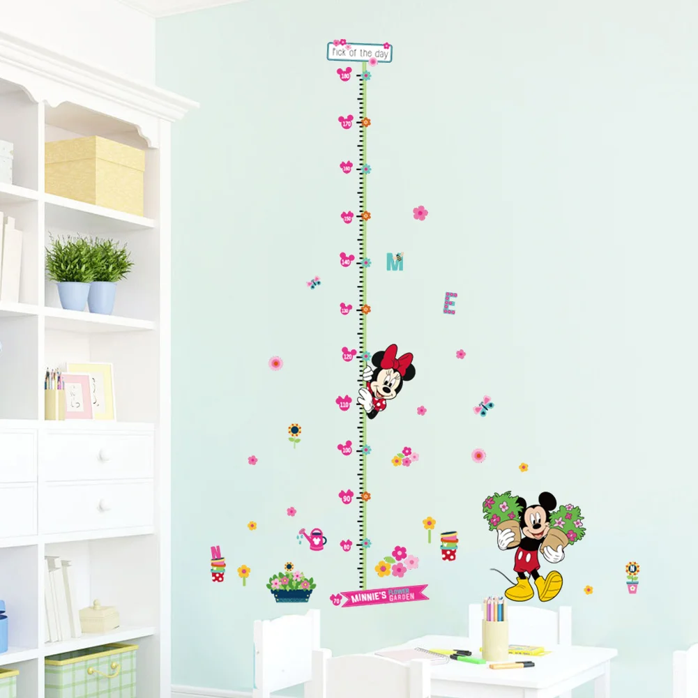 Minnie Mickey Growth Chart Decorative Wall Stickers For Kids Room Cartoon Flower Height Measure Deco