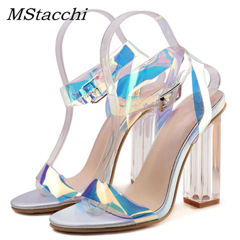 

MStacchi Women Clear Transparent PVC Sandals 2019 Summer Ladies Peep Toe High Heels Shoes Woman Ankle Strap Buckle Shoes Size 43