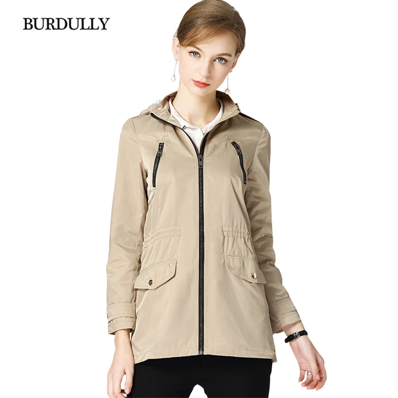 Goedkoop BURDULLY Mode Lente Herfst Hooded Windjack Effen Kleur Jas Rits Zakken Casual Lange Mouwen Jassen Engeland Stijl