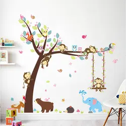 Лес Животные дерево наклейки для детской комнаты обезьяна медведь дикие джунгли Дети Детская Украшения в спальню росписи стены искусства