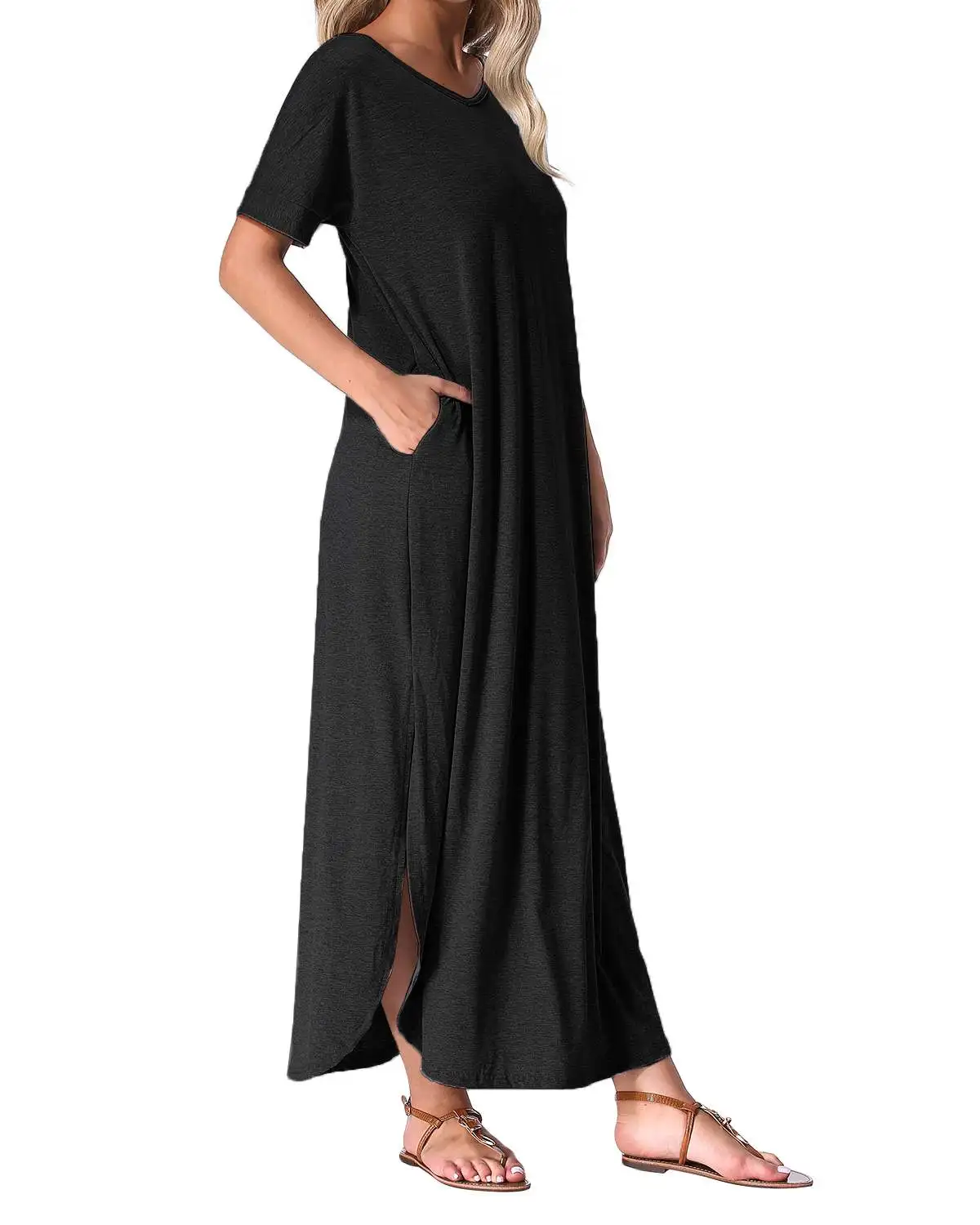 Летнее макси длинное вечерние облегающее платье Zanzea женское повседневное свободное одноцветное сексуальное хлопковое платье с v-образным вырезом и коротким рукавом размера плюс