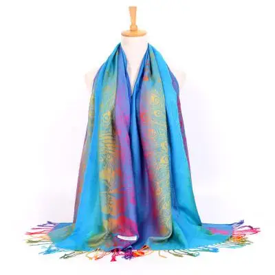 Винтажная жаккардовая Пашмина Женская хлопковая шаль, шали, Радужный шарф, шарфы с принтом павлина, женская накидка с кисточками - Цвет: Озерный синий