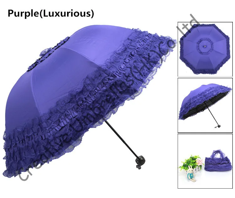 Арочные принцесса зонтики, 8 К ребра, три раза черный покрытие зонтики, ветрозащитный, границы шнуровка, карман зонтики, УФ-защиты