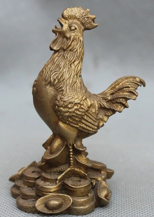 

China Chinese Folk Fengshui Brass Zodiac Year Yuanbao Wealth Cock Rooster Statue