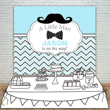 

Allenjoy Birthday backdrops Baby Shower white blue stripes twill Moustache little man Background Party Invitation celebration