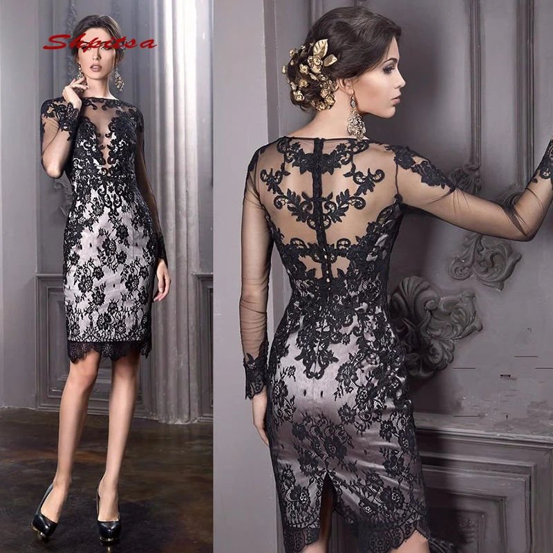 Long Sleeve Short Cocktail Dresses Party Black Lace Graduation Women Prom Plus Size Coctail Semi Formal Dresses