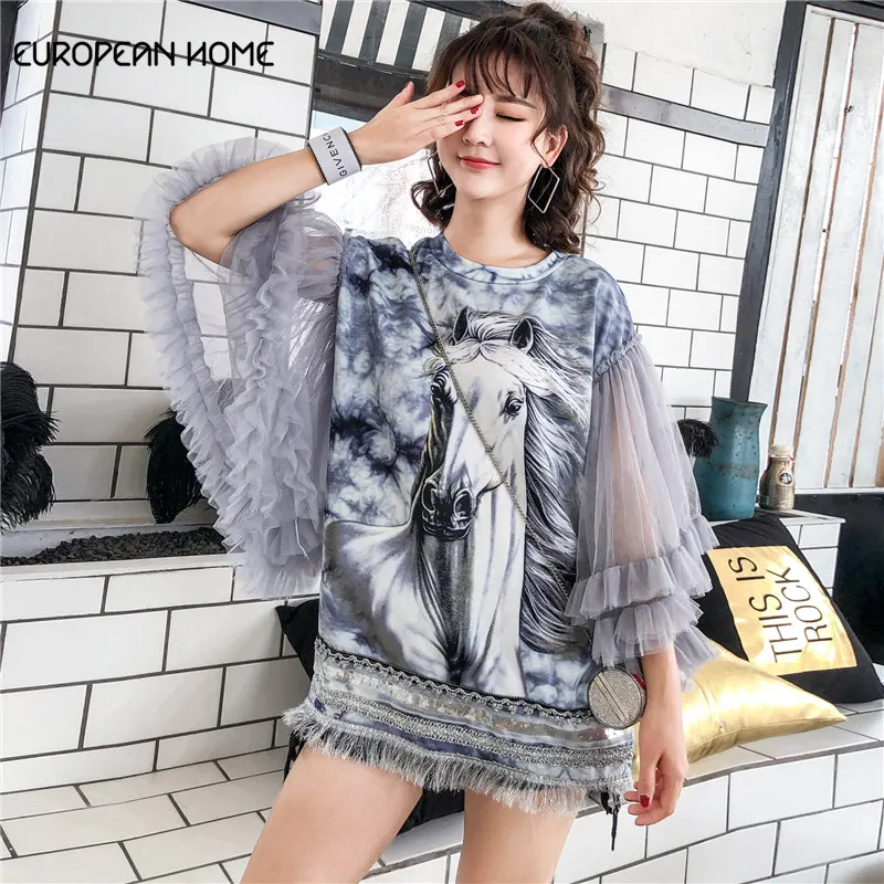 Summer T shirt women Clothes 2019 Casual 3D Pattern Printing Tees Loose mesh Big Ruffles Butterfly Sleeve T-shirt Women Tops | Женская