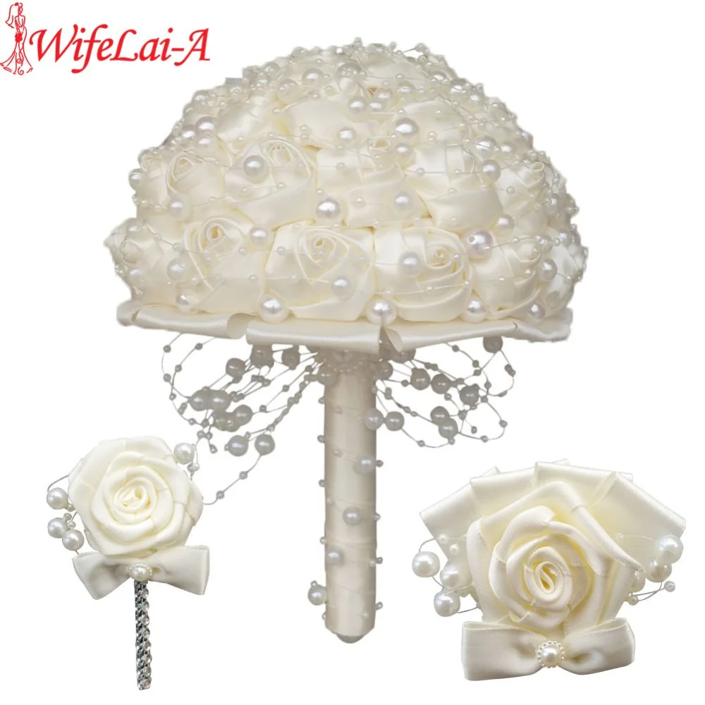 

(Wrist flower and boutonniere) Ivory Pearls Satin Bouquet Cream Pearl Beaded Holding Flowers Silk Wedding Bridal Bouquet Set