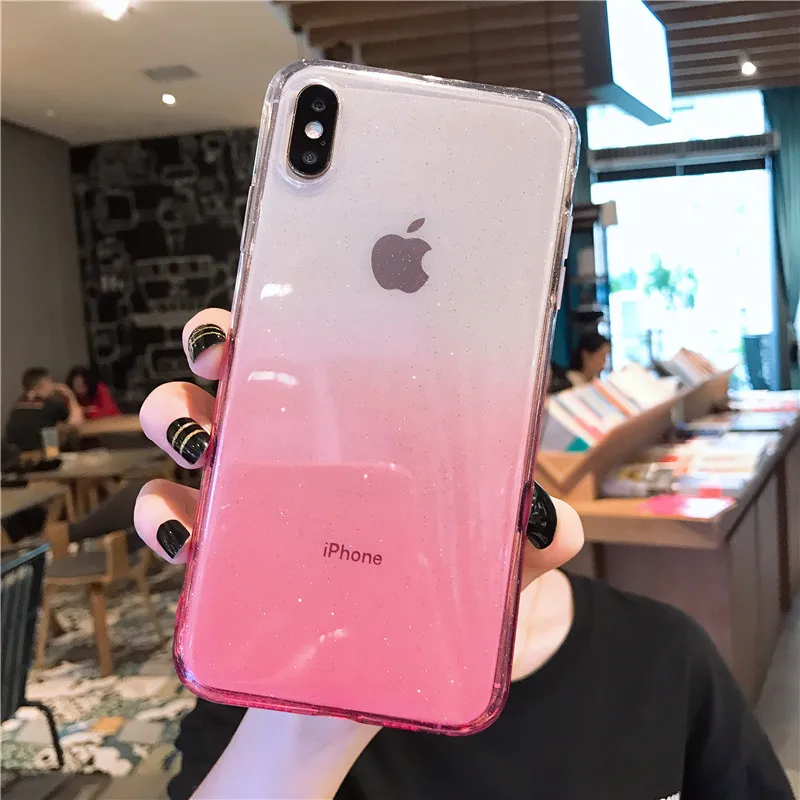

Glitter Gradient Pink Phone Case For iphone 6 7 8 6s Plus Cover For iphone XS Max XR X 6 s Plus 7plus 8plus Case Transparent