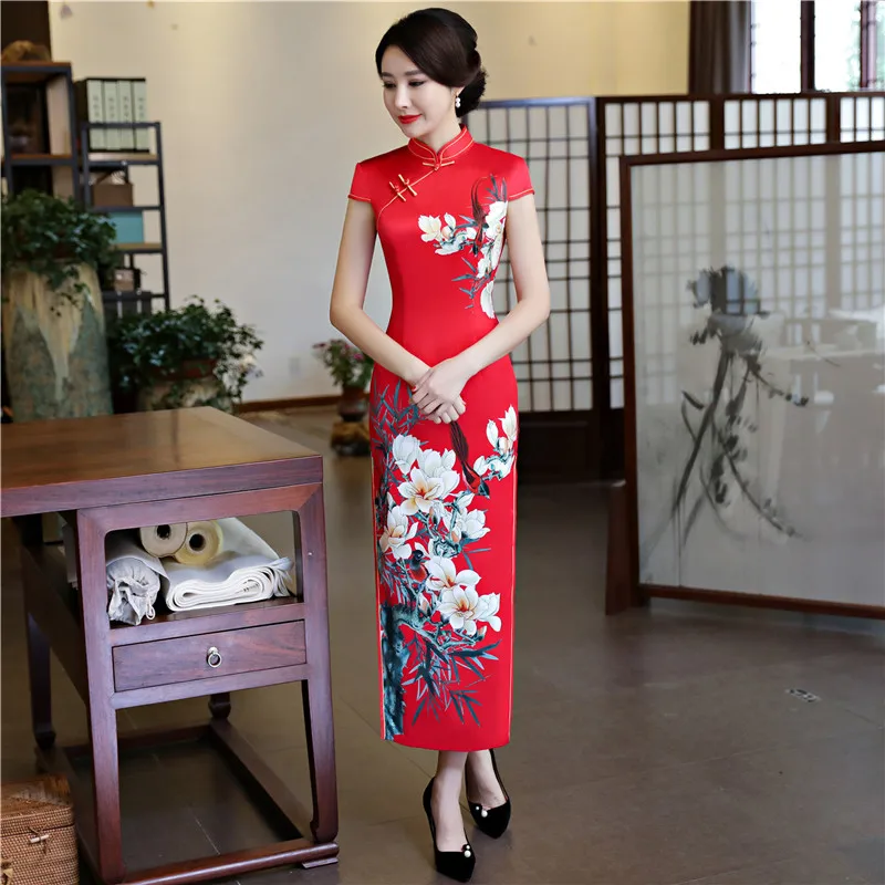 Шанхай история из искусственного шелка Qipao длинное платье Cheongsam национальный тренд платья короткий рукав тонкий традиционный китайское