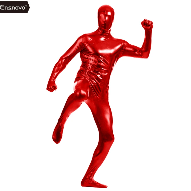 Ensnovo унисекс Zentai телесный полный костюм блестящий металлический Zentai костюм цельный Косплей Костюм мужской Wo мужской s комбинезон из лайкры - Цвет: Red