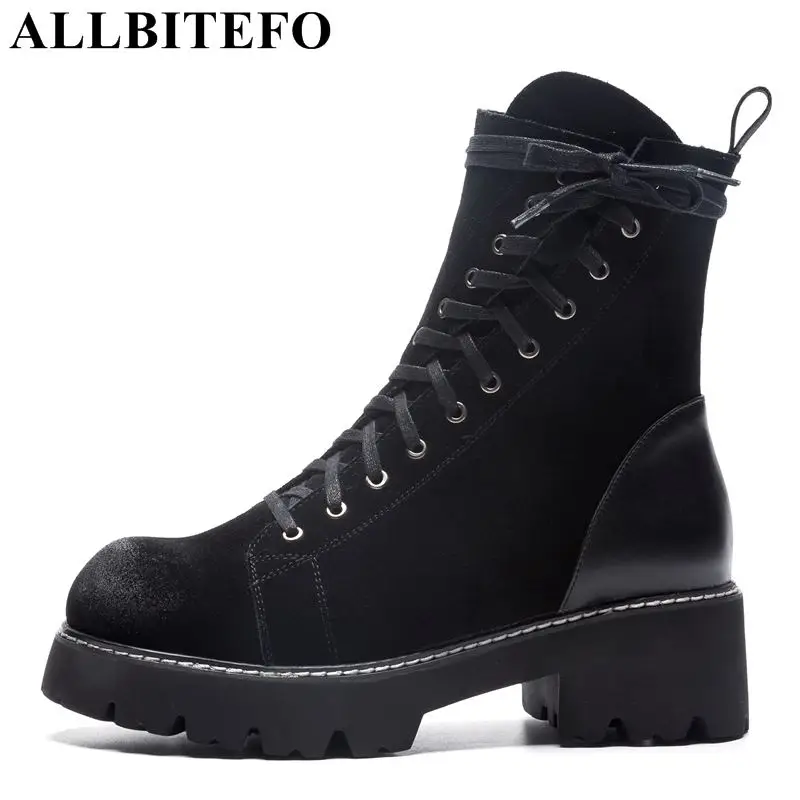 

ALLBITEFO fashion genuine leather thick heel women ladies boots high heels ankle boots winter women boots girls motorcycle boots