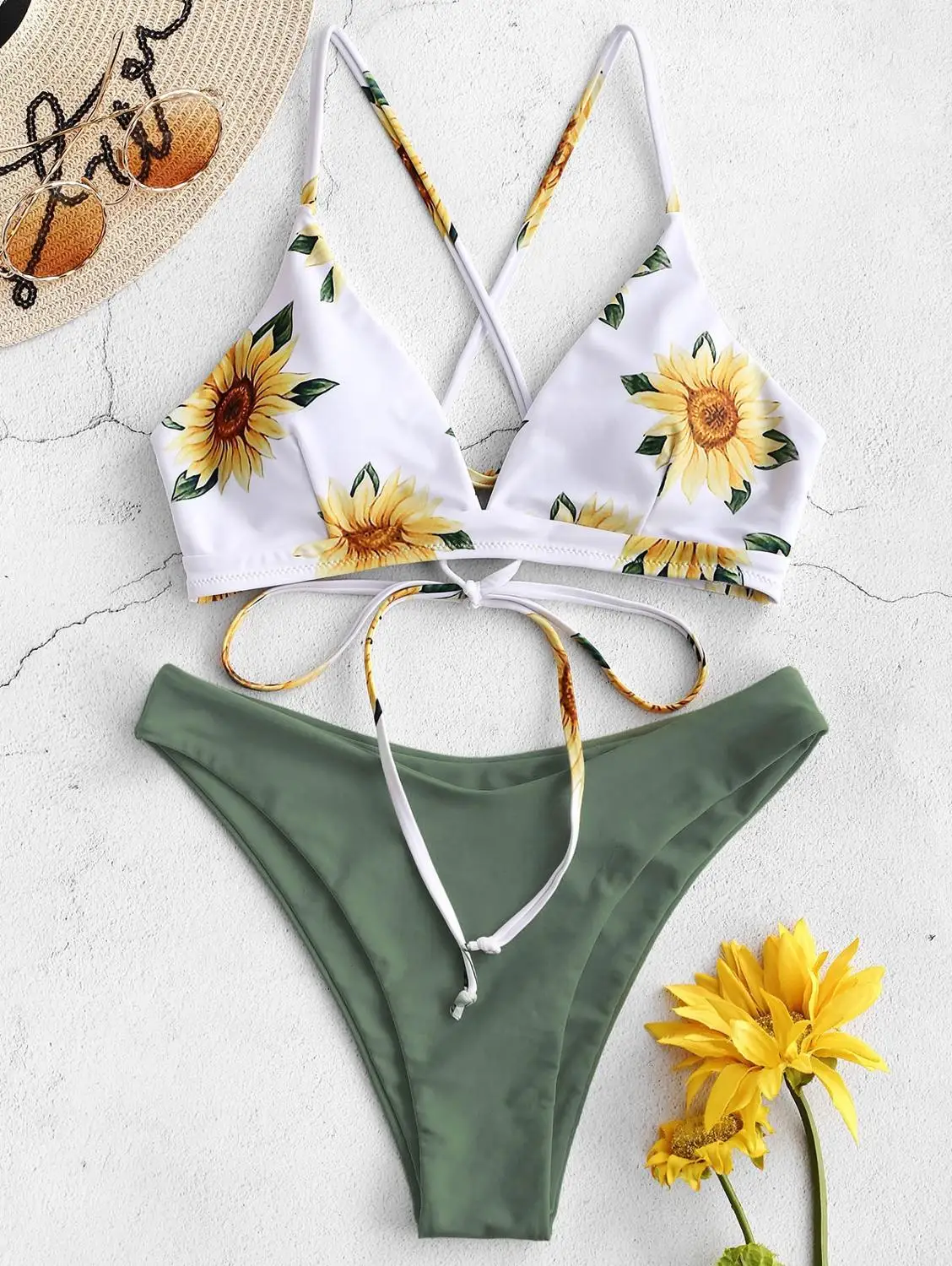 

Women Sunflower Printed Criss Cross Bikini Set Spaghetti Straps Bikinis Female High Cut Lace up Swimsuit Bathing Suit Swimwear