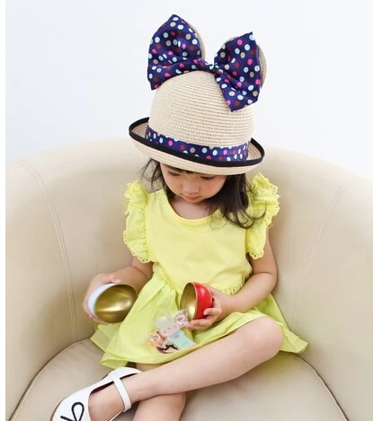10 шт./лот в Корейском стиле летнее платье для девочки младшего возраста детское Повседневное платье в горошек, большие соломенная шляпа с бантом Повседневная шляпа от солнца Панамы для женщин