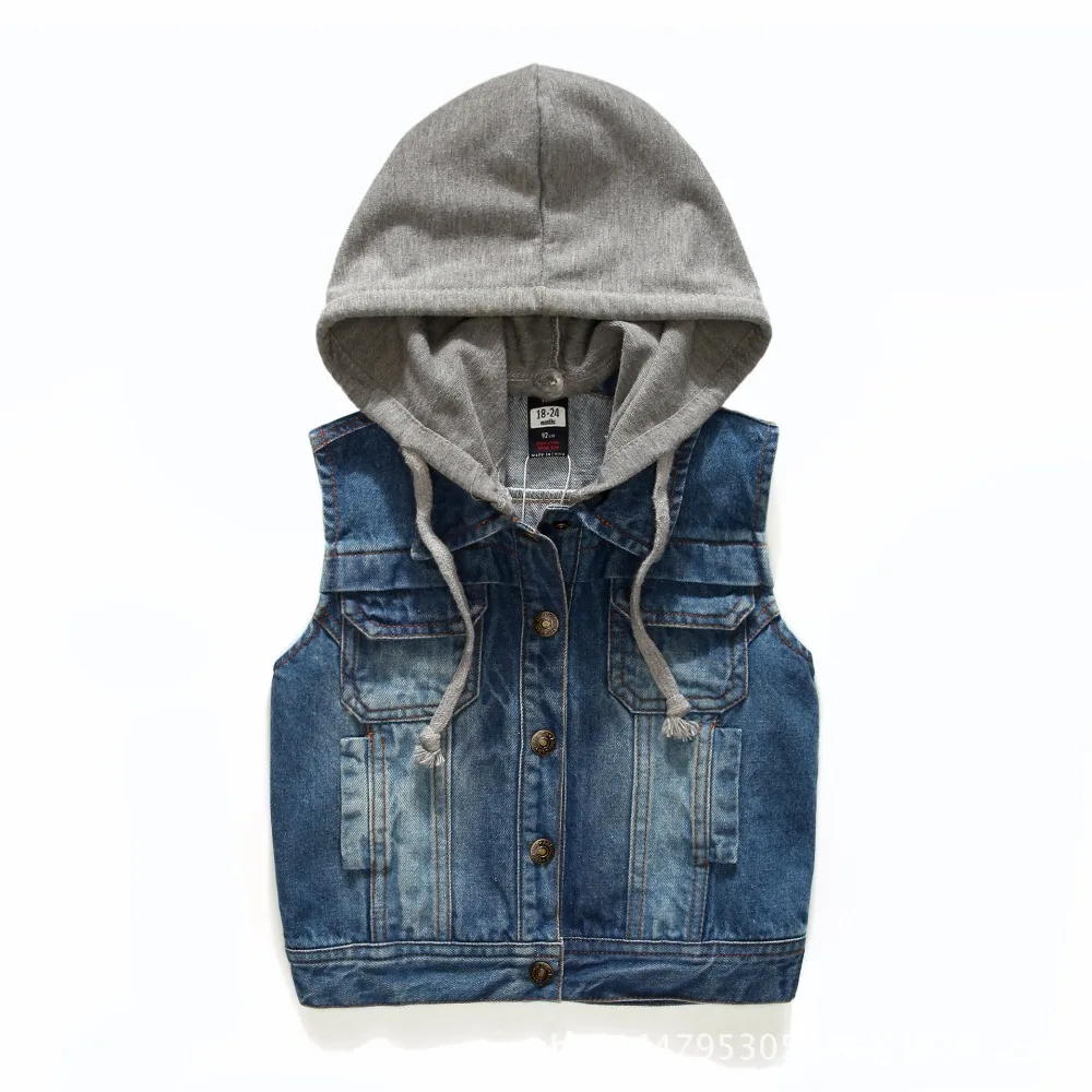 

Boys Vest Jeans Autumn Kids Waistcoat Children Soft Cowboy Child Sleeveless Jacket With Hood Top Cardigan Denim Outwear