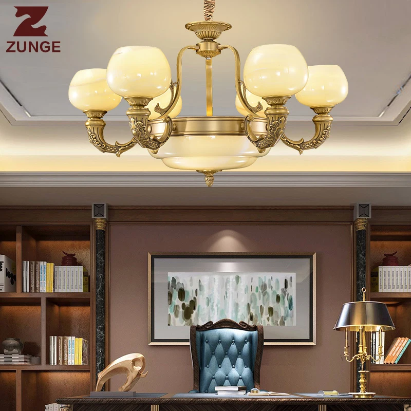 

Modern LED Chandelier copper Lights in the Living Room large lighting fixtures lampadari T112 imitation jade lampshade